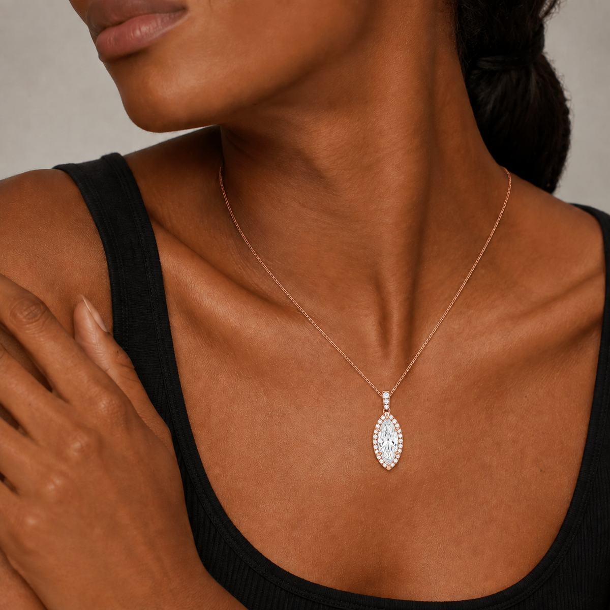 Leona Marquise Halo Accented Bail Lab-Grown Diamond Pendant Necklace in 14K Rose Gold, worn on neck