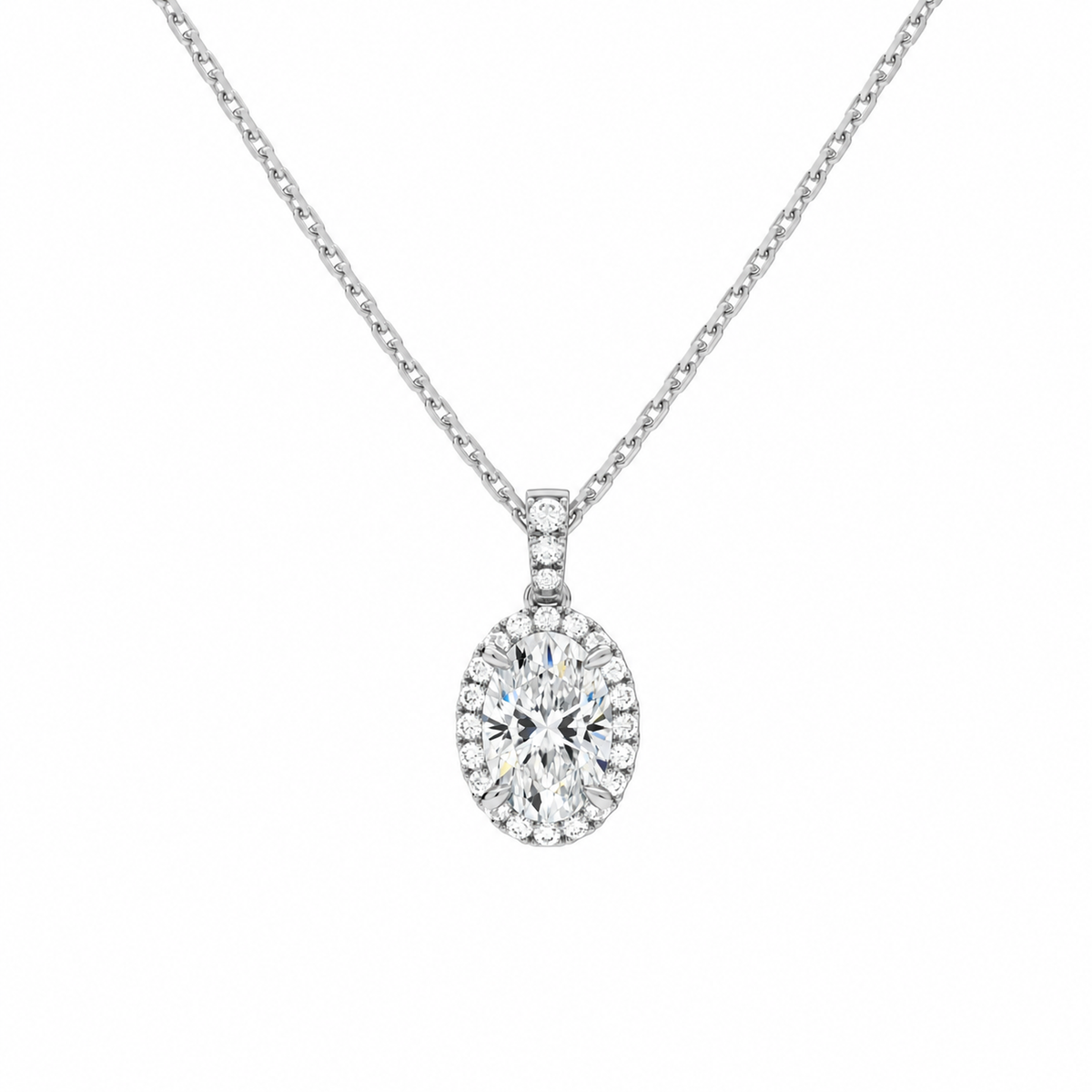 Leona Oval Halo Accented Bail Lab-Grown Diamond Pendant Necklace in 18K White Gold, front view