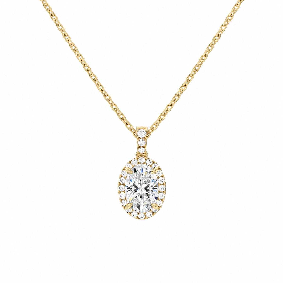 Leona Oval Halo Accented Bail Lab-Grown Diamond Pendant Necklace in 18K Yellow Gold, front view