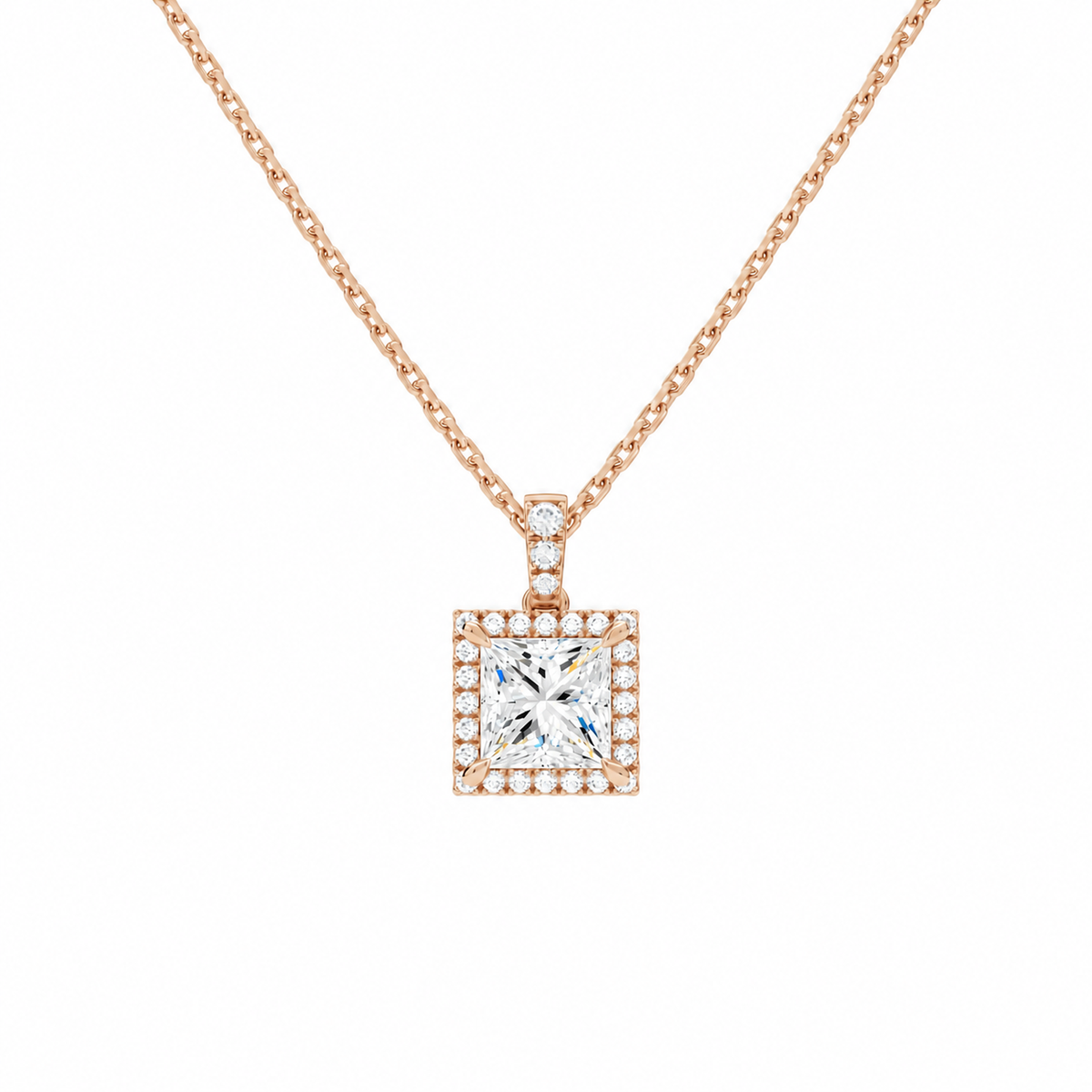 Leona Princess Halo Accented Bail Lab-Grown Diamond Pendant Necklace in 14K Rose Gold, front view