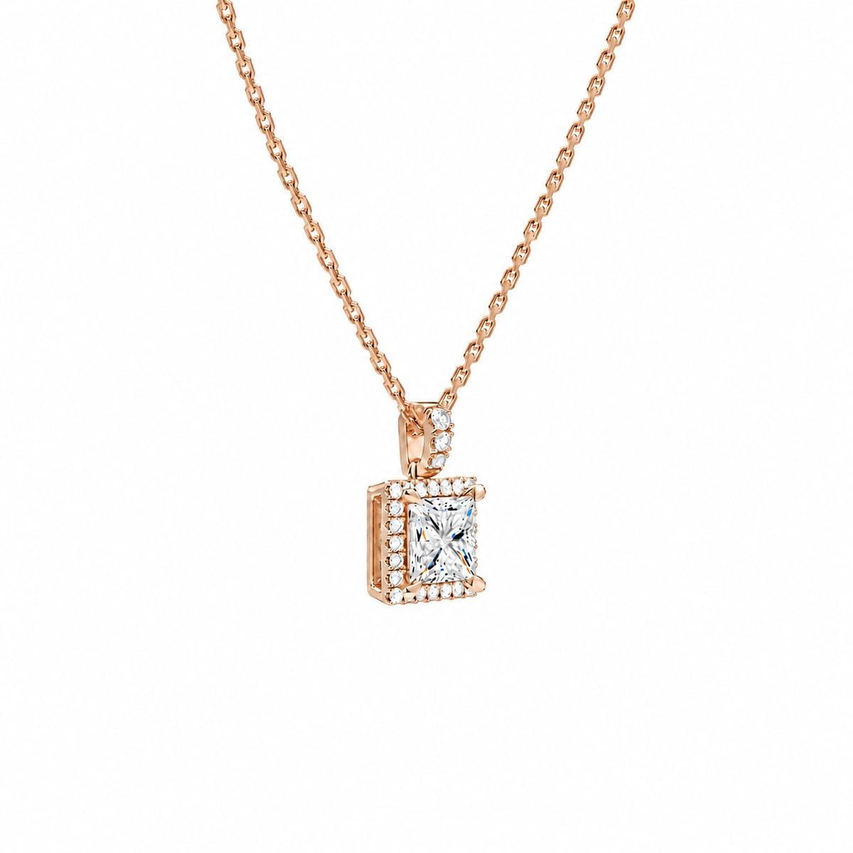 Leona Princess Halo Accented Bail Lab-Grown Diamond Pendant Necklace in 14K Rose Gold, alternate product view