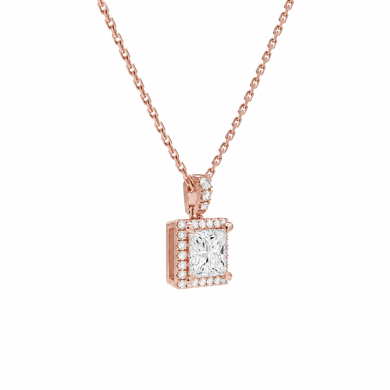 Leona Princess Halo Accented Bail Diamond Pendant Necklace in 14K Rose Gold second product view