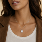 Leona Princess Halo Accented Bail Lab-Grown Diamond Pendant Necklace in 18K White Gold, worn on neck