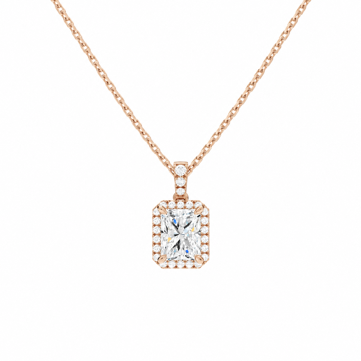 Leona Radiant Halo Accented Bail Lab-Grown Diamond Pendant Necklace in 14K Rose Gold, front view