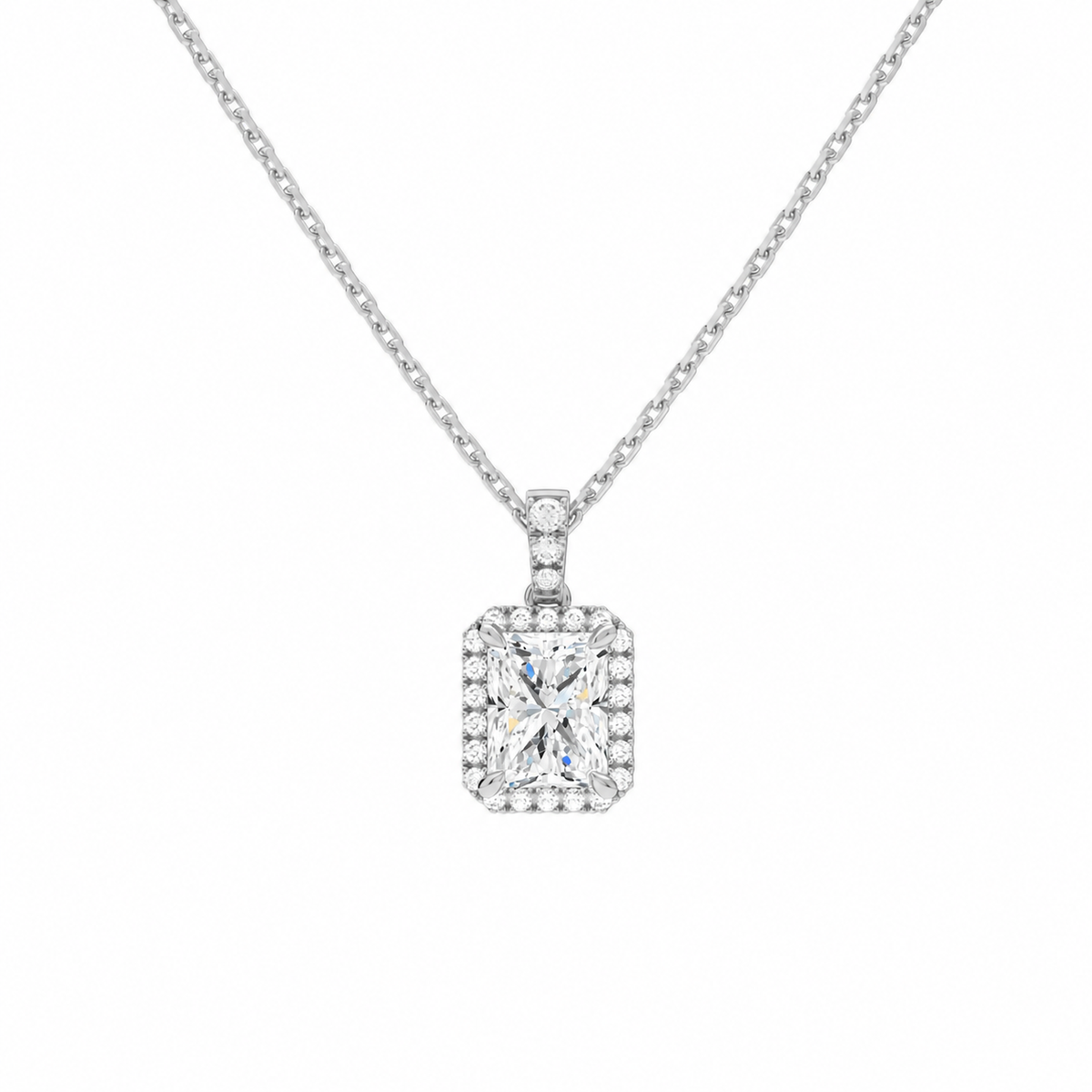 Leona Radiant Halo Accented Bail Lab-Grown Diamond Pendant Necklace in 18K White Gold, front view