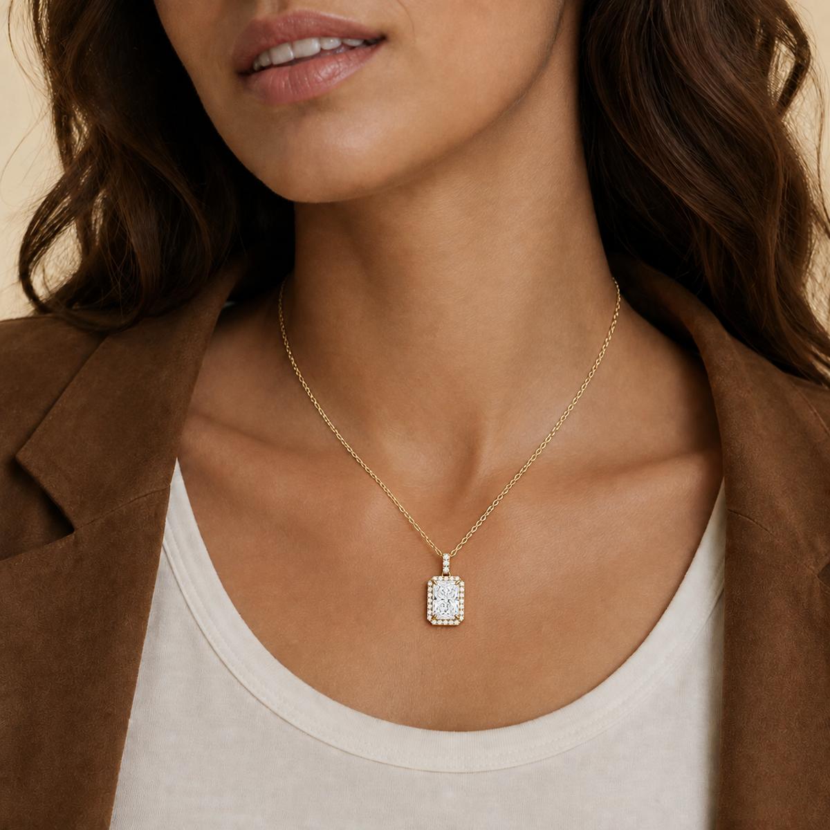 Leona Radiant Halo Accented Bail Lab-Grown Diamond Pendant Necklace in 18K Yellow Gold, worn on neck