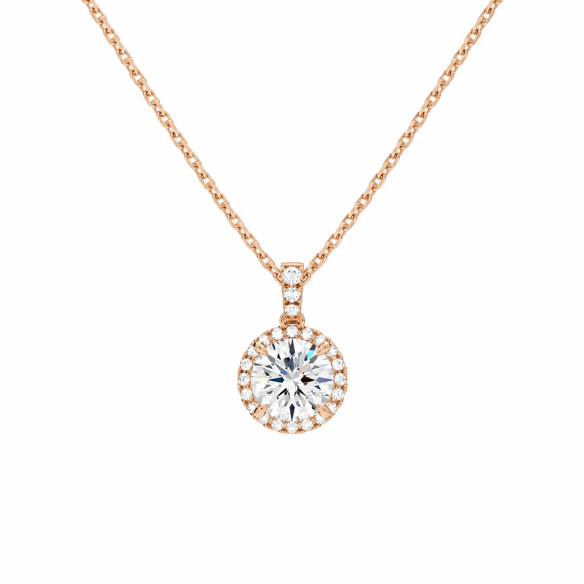 Leona Round Halo Accented Bail Lab-Grown Diamond Pendant Necklace in 14K Rose Gold, front view