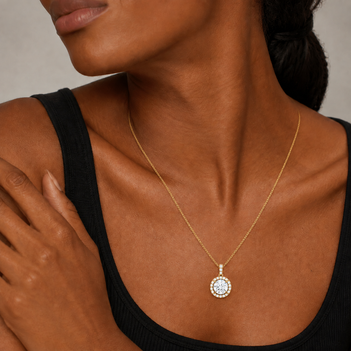 Leona Round Halo Accented Bail Lab-Grown Diamond Pendant Necklace in 14K Yellow Gold, worn on neck