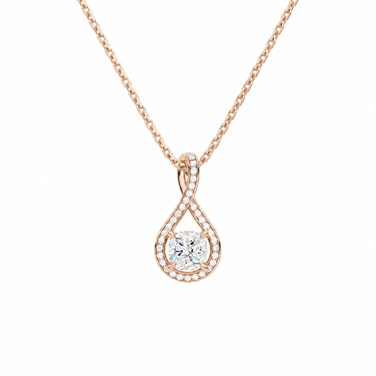 Lucina Cushion Halo Pave Twist Lab-Grown Diamond Pendant Necklace in 14K Rose Gold, front view