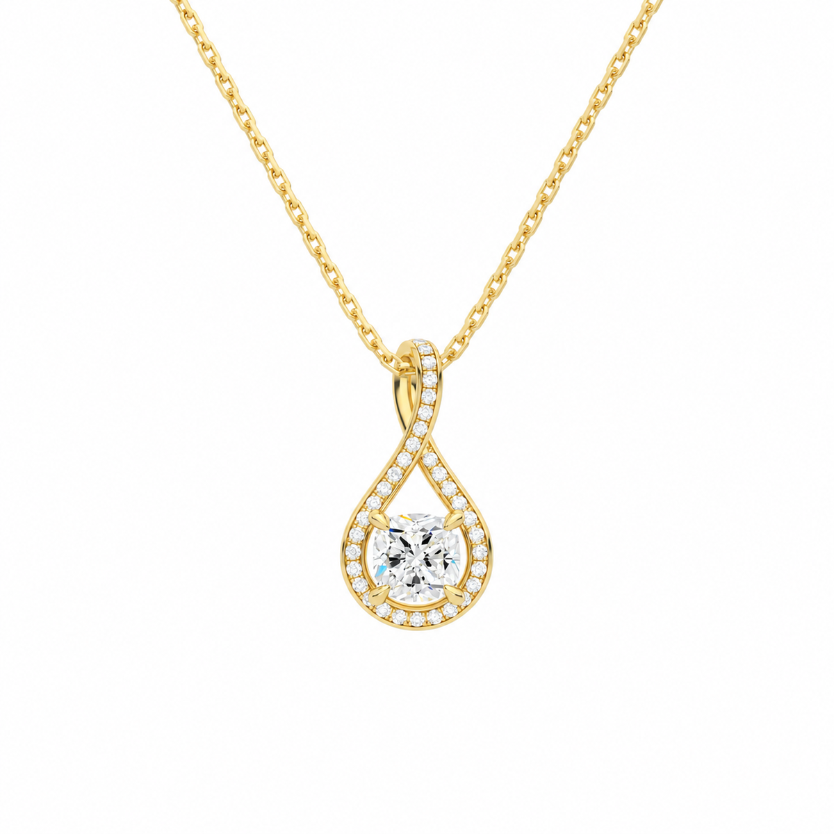 Lucina Cushion Halo Pave Twist Lab-Grown Diamond Pendant Necklace in 14K Yellow Gold, front view