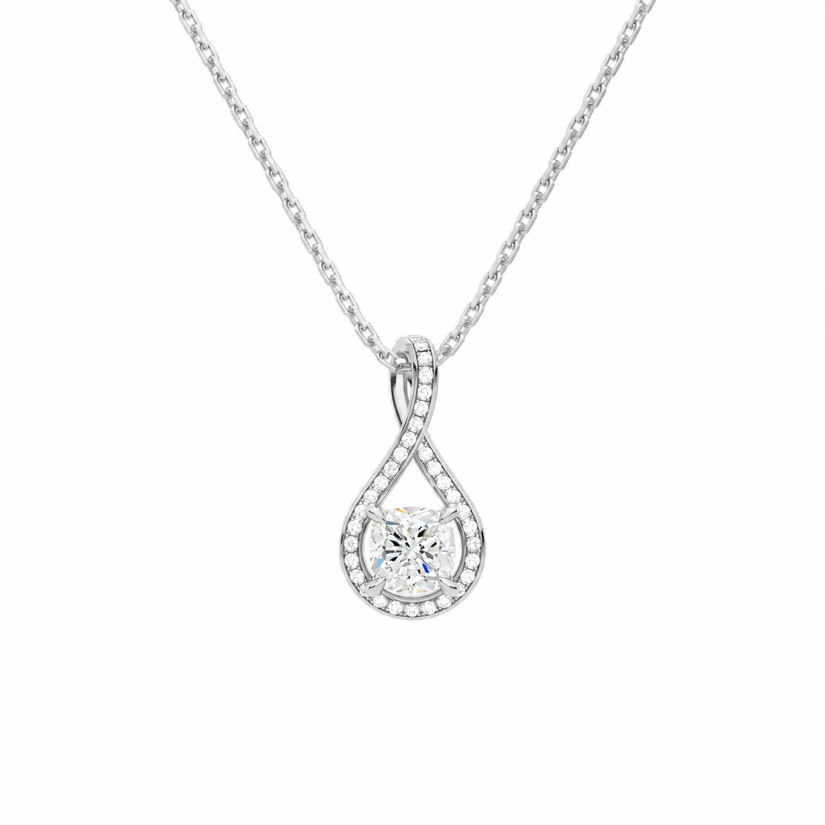 Lucina Cushion Halo Pave Twist Lab-Grown Diamond Pendant Necklace in 18K White Gold, front view