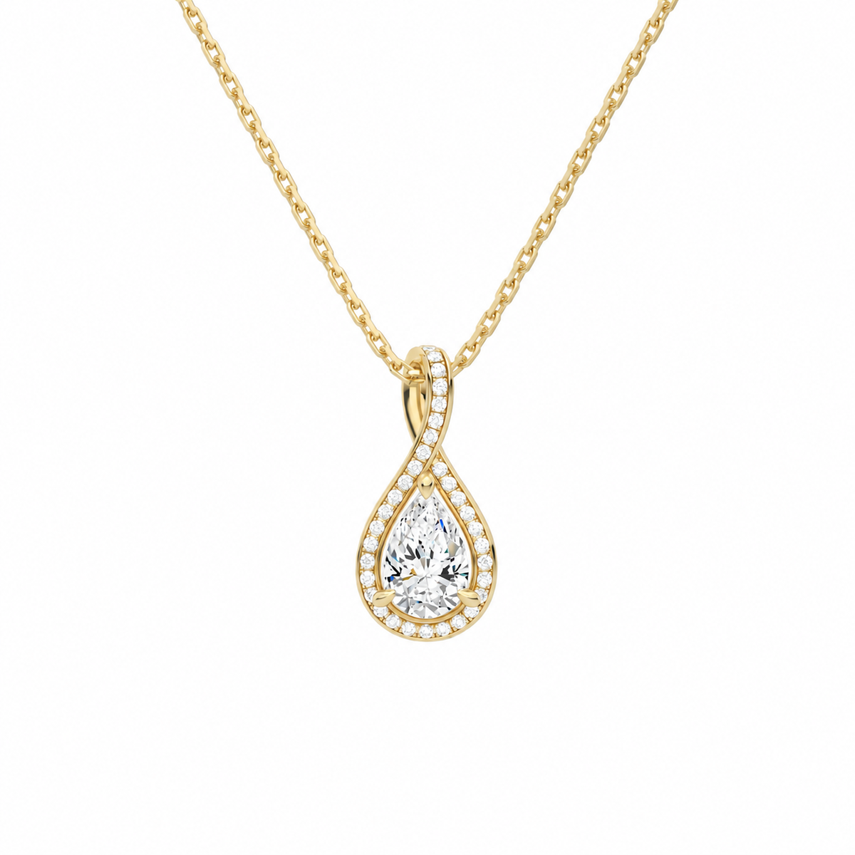 Lucina Pear Halo Pave Twist Lab-Grown Diamond Pendant Necklace in 18K Yellow Gold, front view