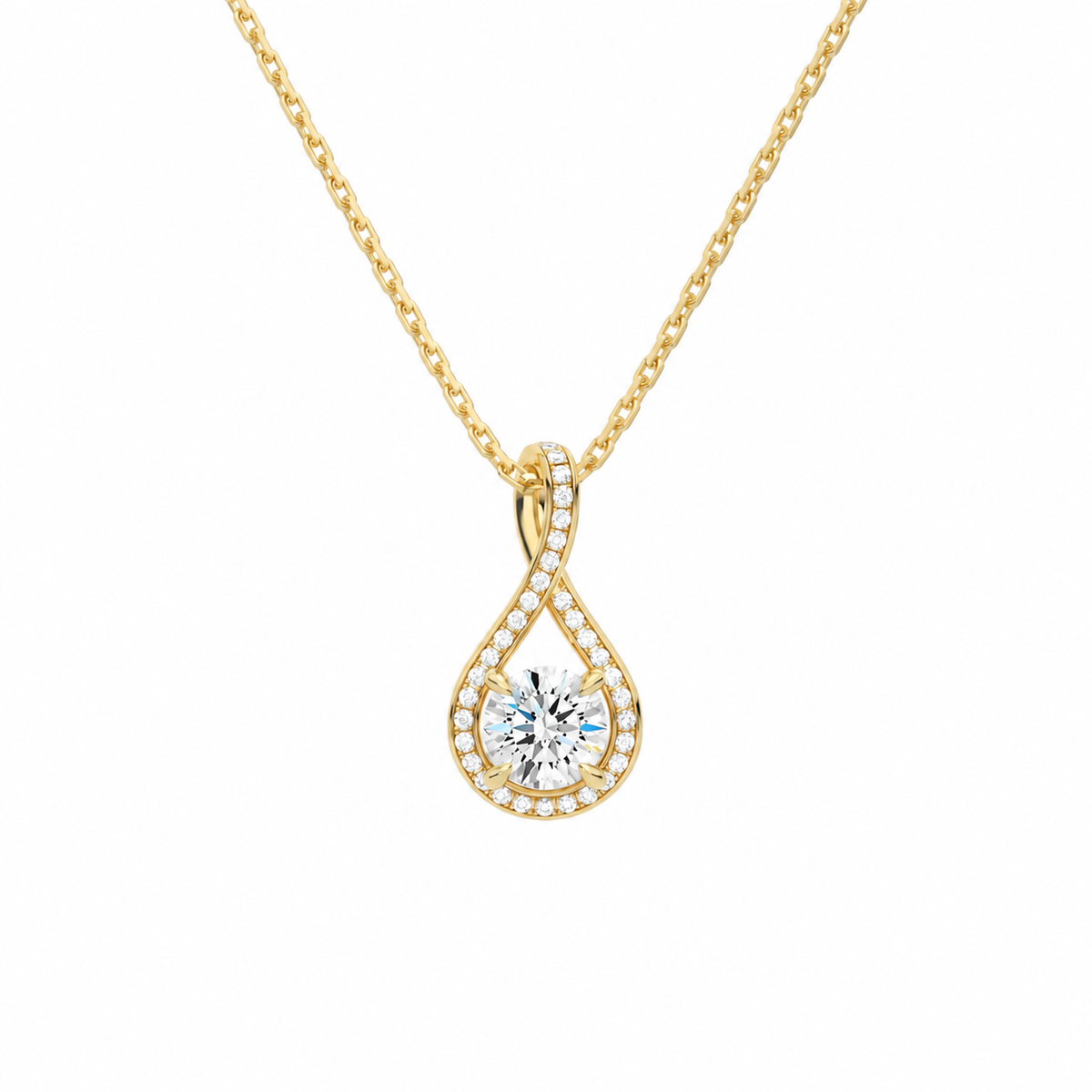 Lucina Round Halo Pave Twist Lab-Grown Diamond Pendant Necklace in 14K Yellow Gold, front view