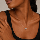 Solenne Emerald Solitaire Lab-Grown Diamond Necklace in 14K Rose Gold, worn on neck