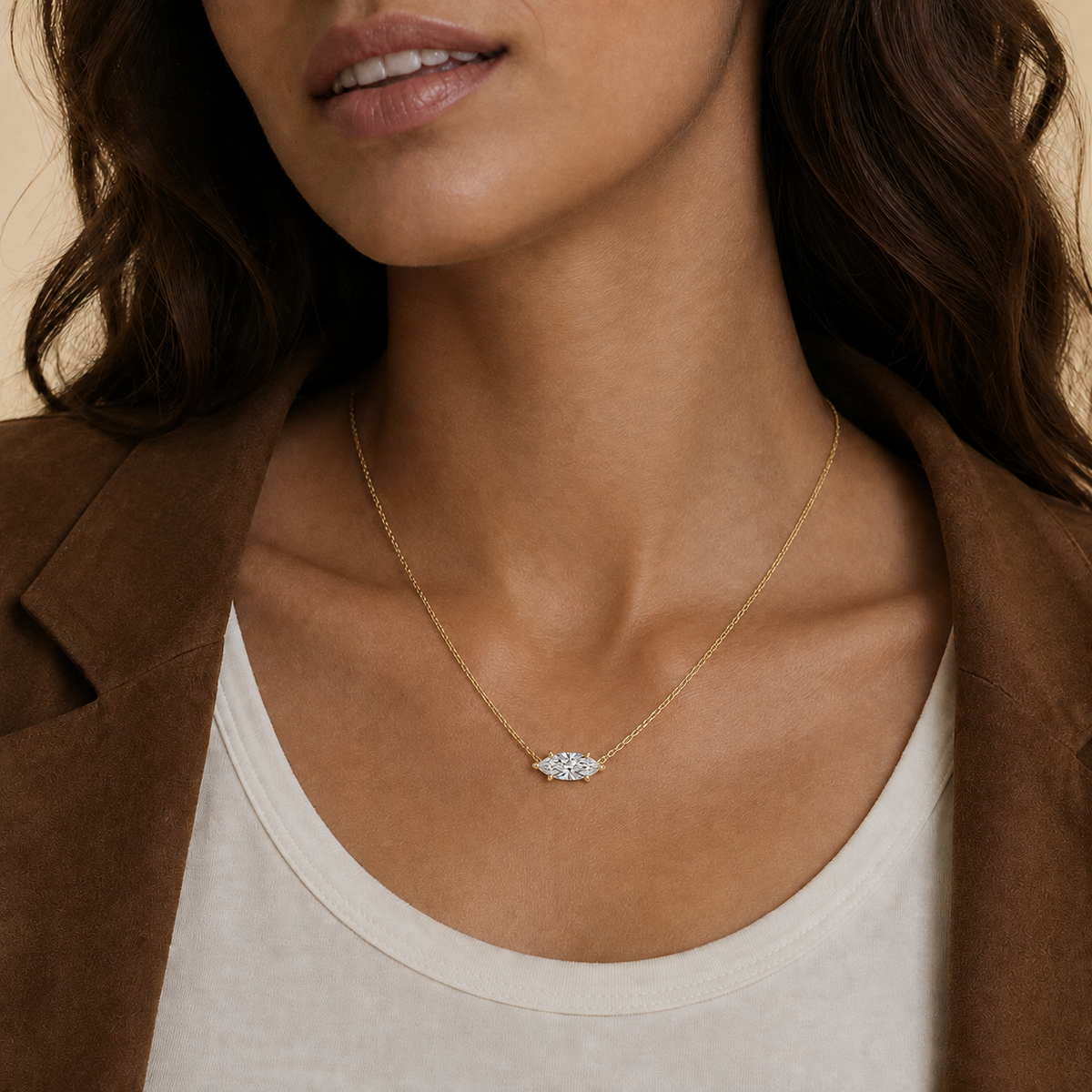 Solenne Marquise Solitaire Lab-Grown Diamond Necklace in 14K Yellow Gold, worn on neck