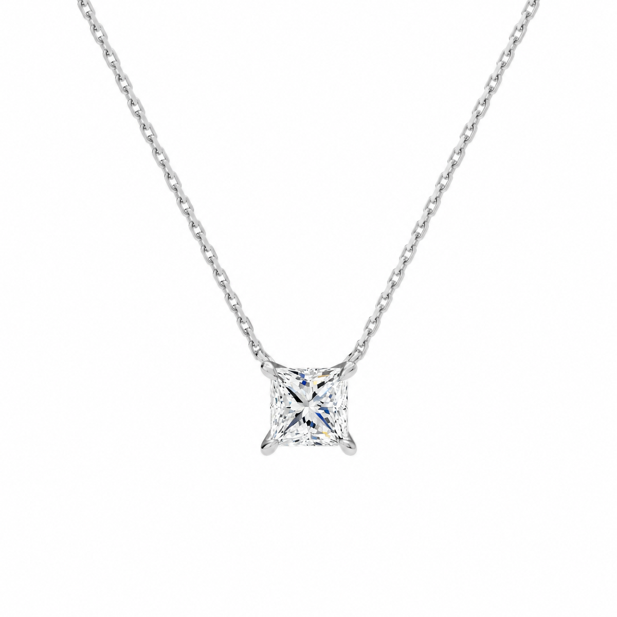 Solenne Princess Solitaire Lab-Grown Diamond Necklace in 14K White Gold, front view