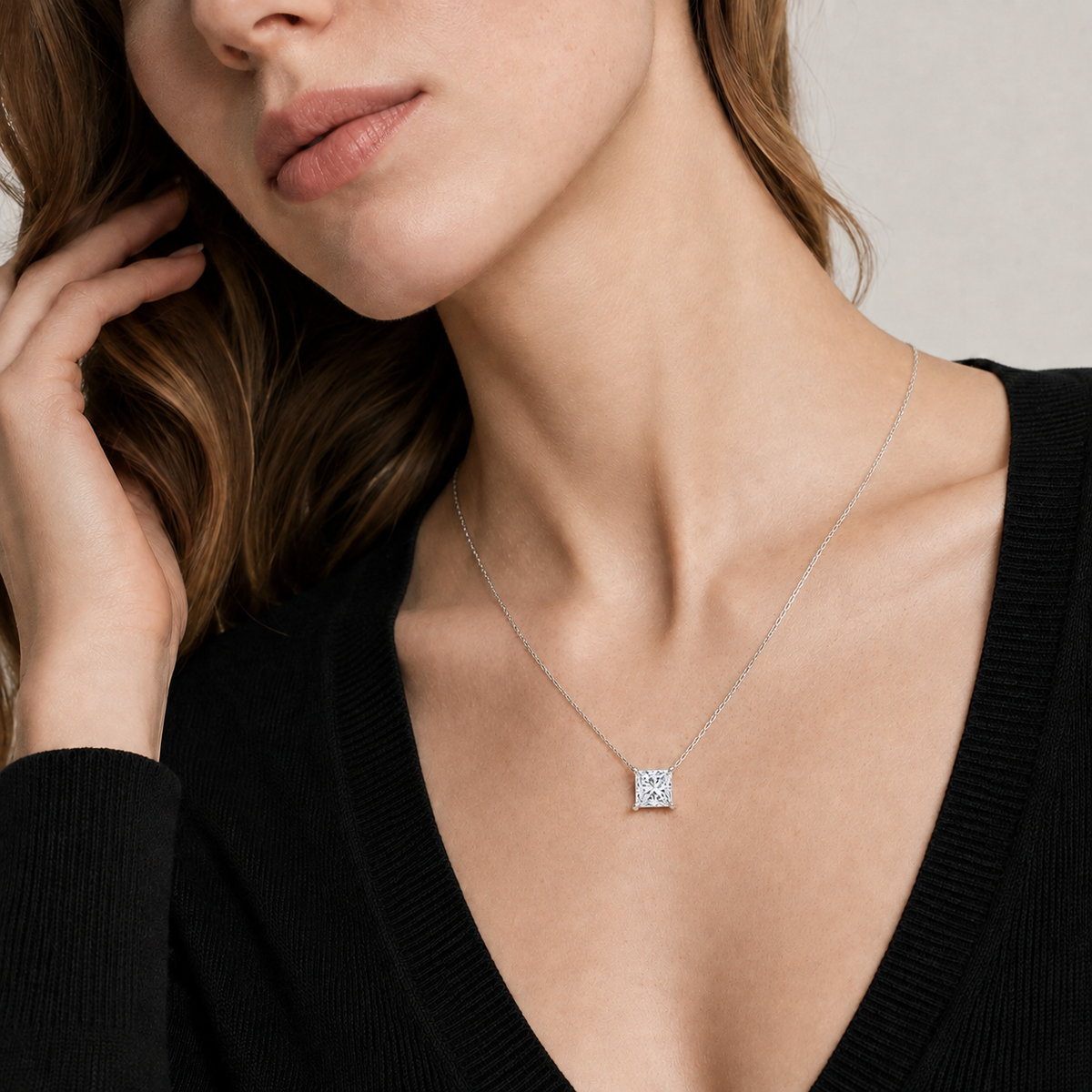 Solenne Princess Solitaire Lab-Grown Diamond Necklace in 14K White Gold, worn on neck