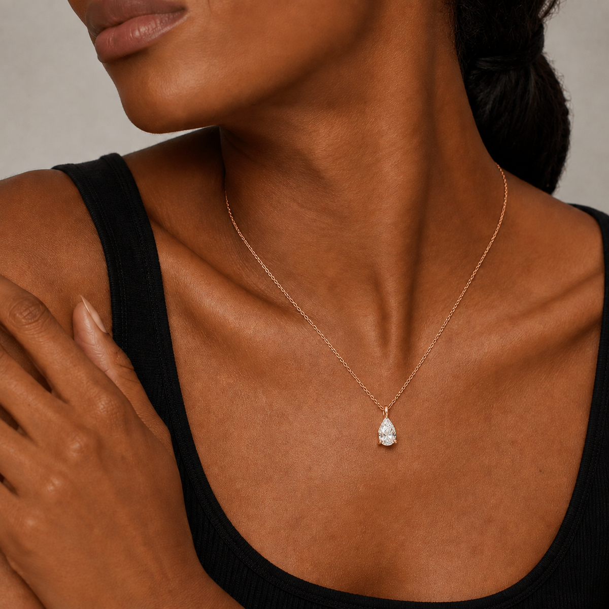 Elysia Pear Solitaire Lab-Grown Diamond Pendant Necklace in 14K Rose Gold, worn on neck