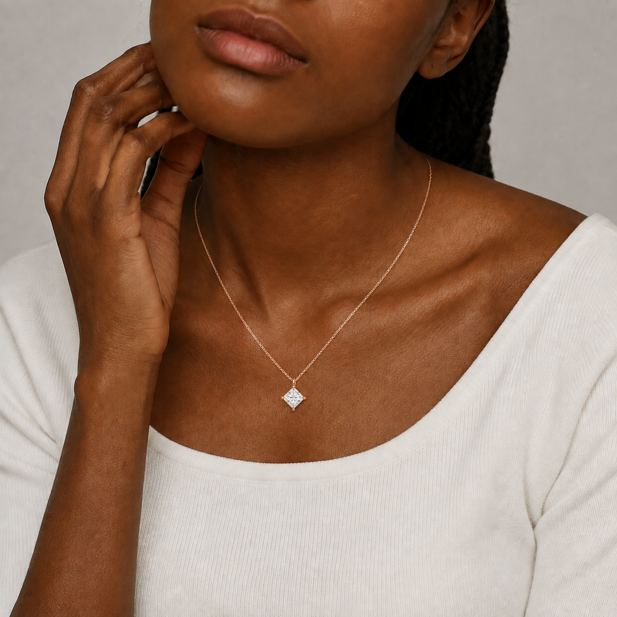 Elysia Princess Solitaire Lab-Grown Diamond Pendant Necklace in 14K Rose Gold, worn on neck