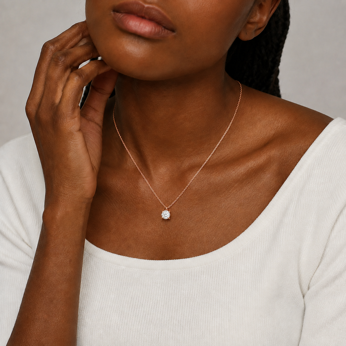 Elysia Round Solitaire Lab-Grown Diamond Pendant Necklace in 14K Rose Gold, worn on neck