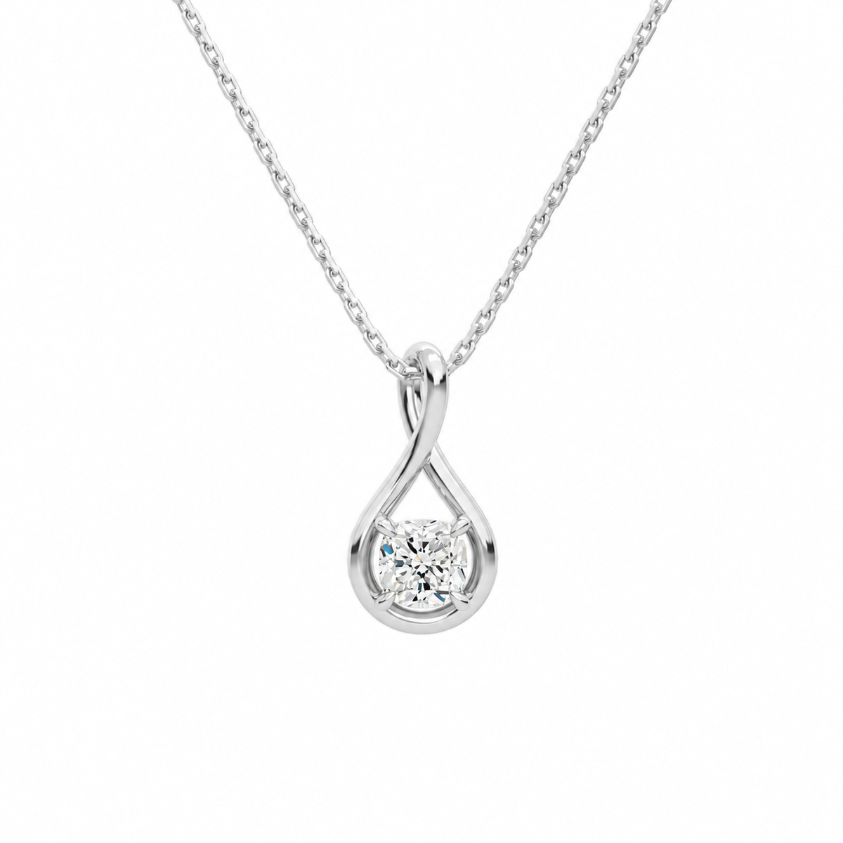 Auralie Cushion Solitaire Twist Lab-Grown Diamond Pendant Necklace in Platinum, front view