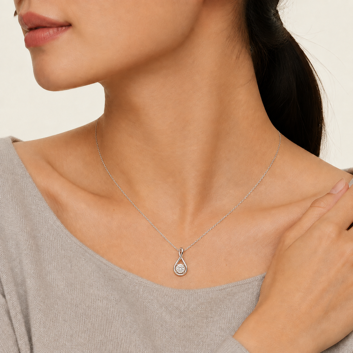 Auralie Round Solitaire Twist Lab-Grown Diamond Pendant Necklace in 14K White Gold, worn on neck