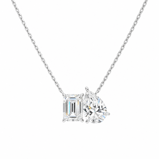 Aviana Emerald & Pear Toi Et Moi Lab-Grown Diamond Necklace in 14K White Gold, front view