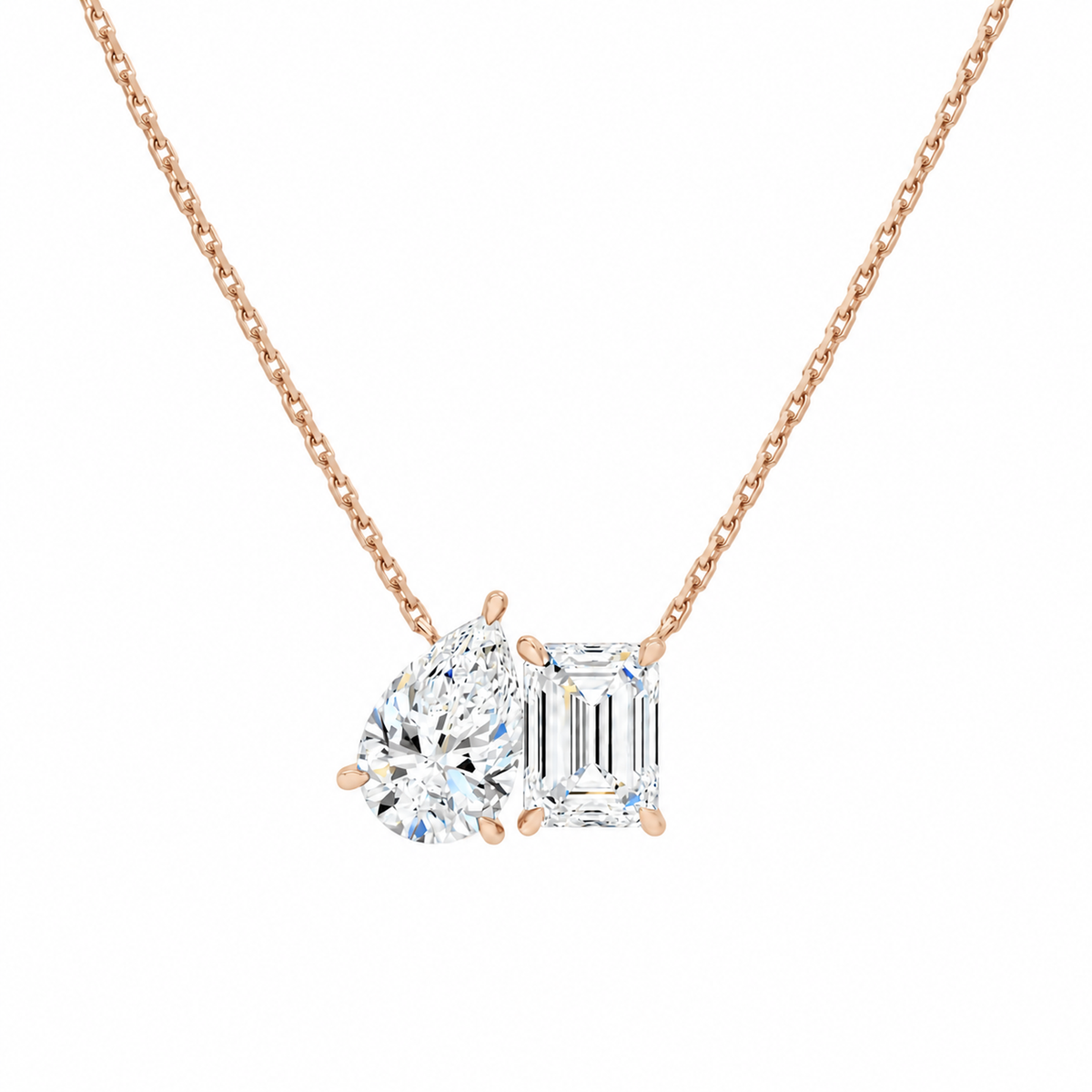 Aviana Pear & Emerald Toi Et Moi Lab-Grown Diamond Necklace in 14K Rose Gold, front view