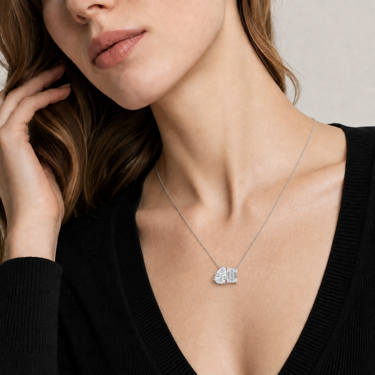 Aviana Pear & Emerald Toi Et Moi Lab-Grown Diamond Necklace in 14K White Gold, worn on neck