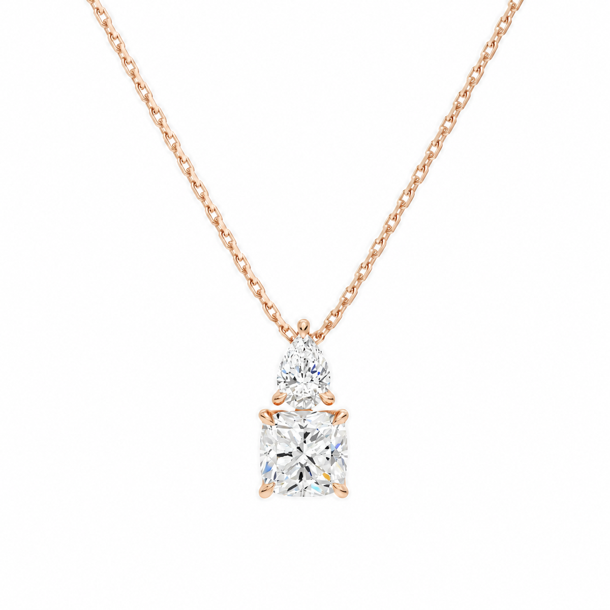 Valora Cushion & Pear Duo Drop Lab-Grown Diamond Necklace in 14K Rose Gold, front view