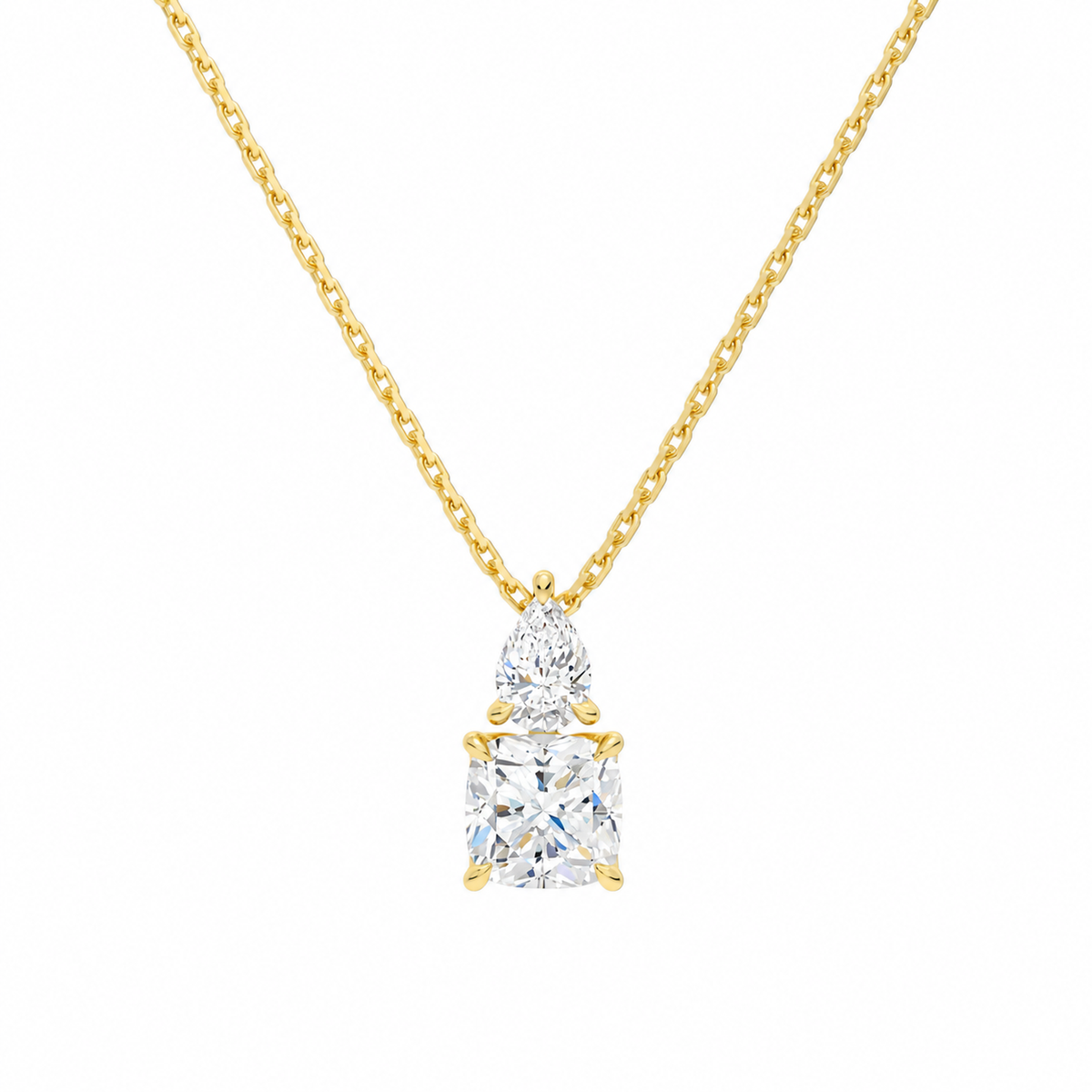 Valora Cushion & Pear Duo Drop Lab-Grown Diamond Necklace in 18K Yellow Gold, front view