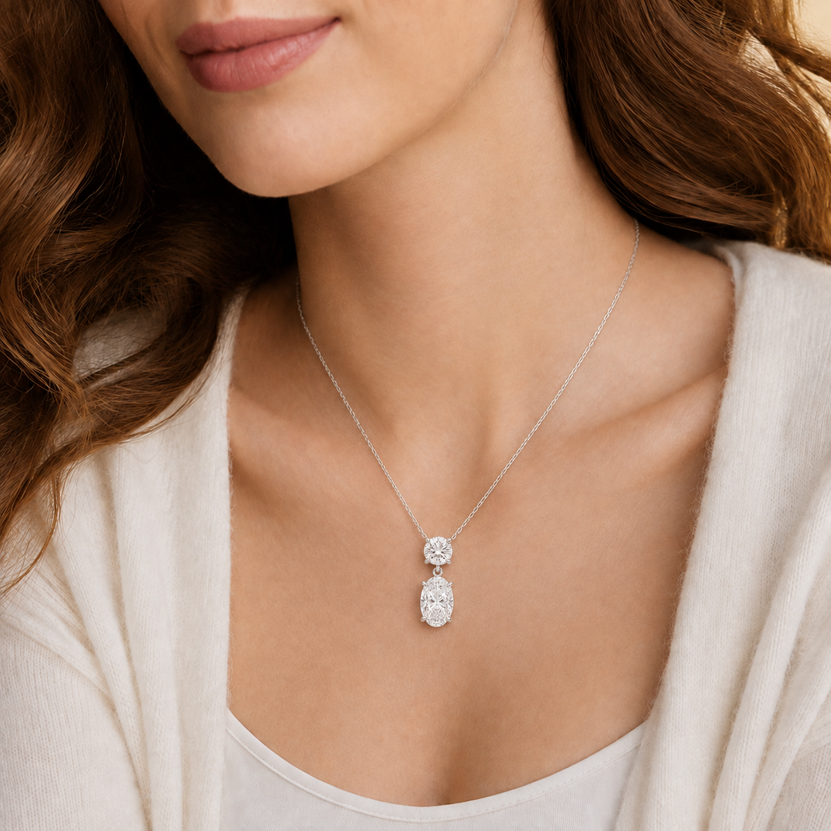 Valora Oval & Round Duo Drop Lab-Grown Diamond Necklace in 18K White Gold, worn on neck