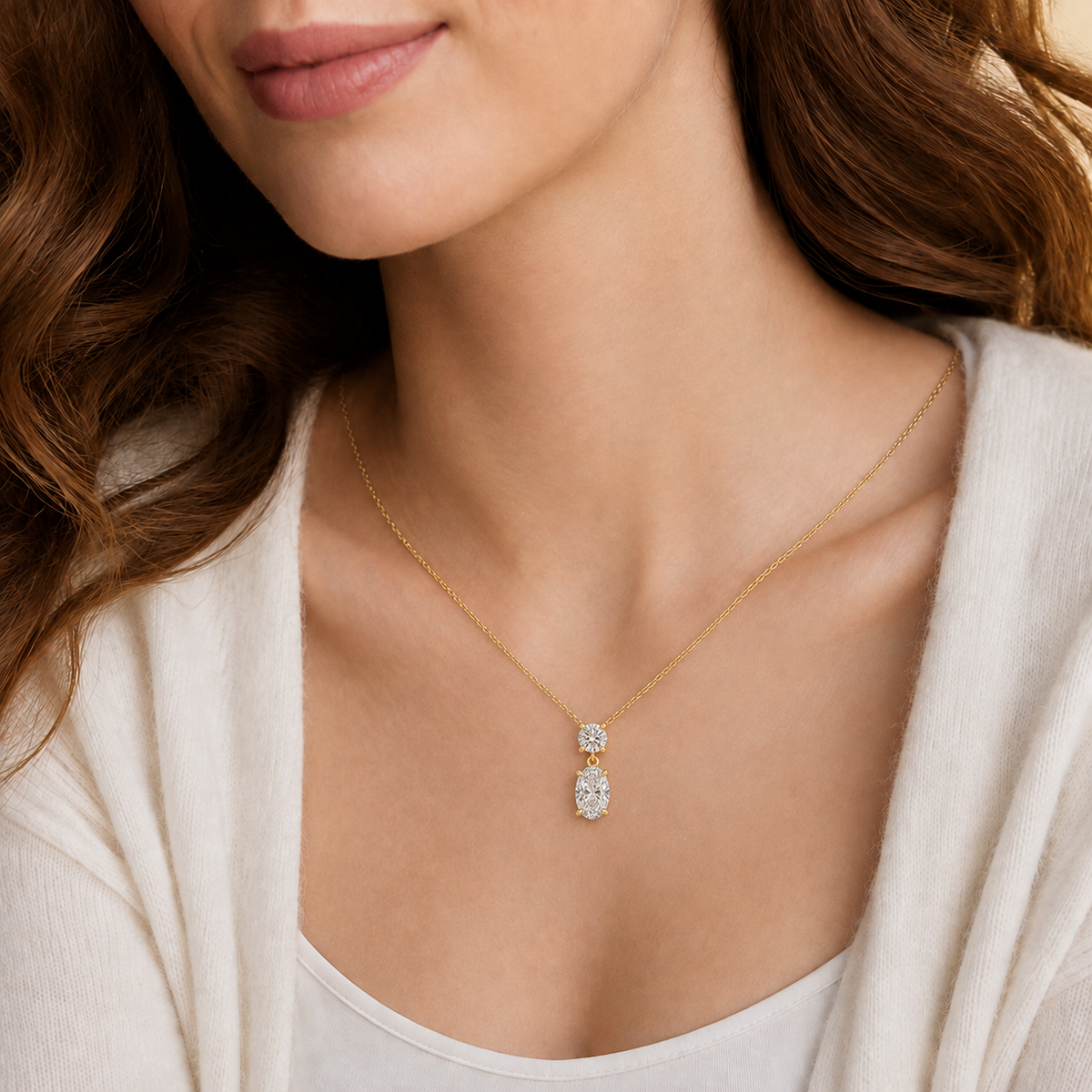 Valora Oval & Round Duo Drop Lab-Grown Diamond Necklace in 18K Yellow Gold, worn on neck