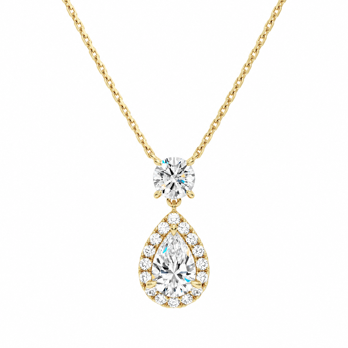 Soraya Halo Duo Drop Lab-Grown Diamond Necklace in 18K Yellow Gold, front view