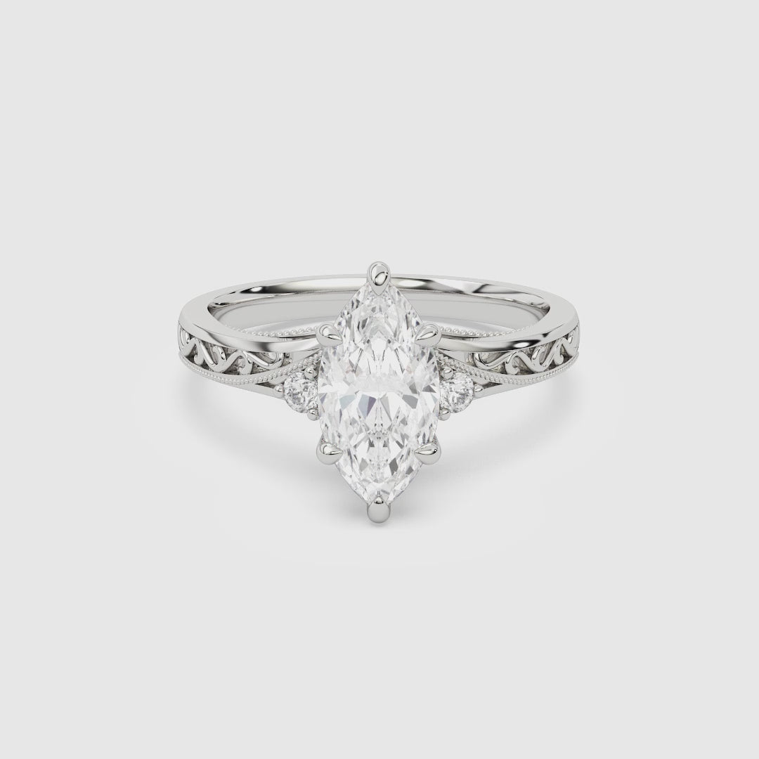 Marquise Engraved Vintage Side Stone Ring spin video