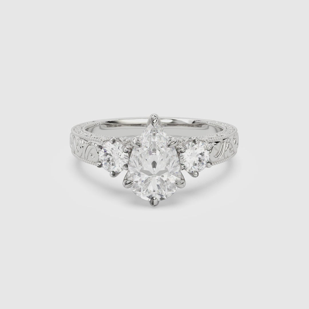 Pear Engraved Vintage Three Stone spin video