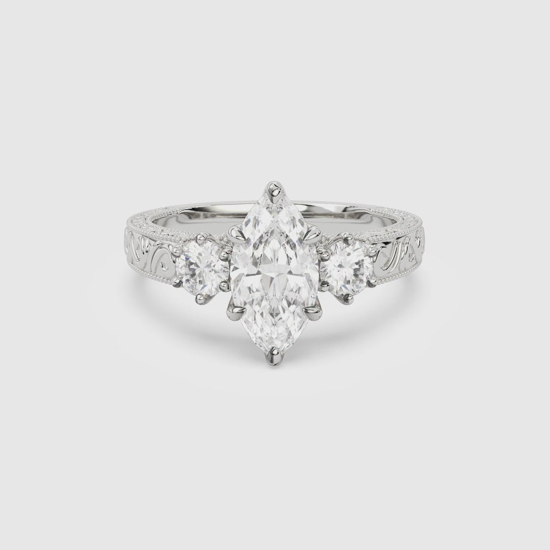 Marquise Engraved Vintage Three Stone spin video