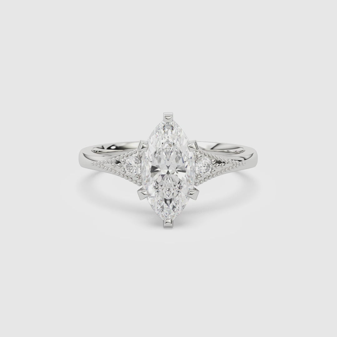 Marquise Milgrain Shoulder Side Stone Ring spin video