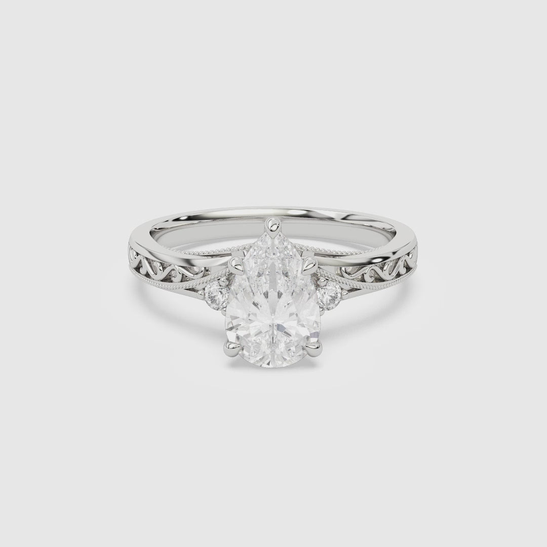 Pear Engraved Vintage Side Stone Ring spin video