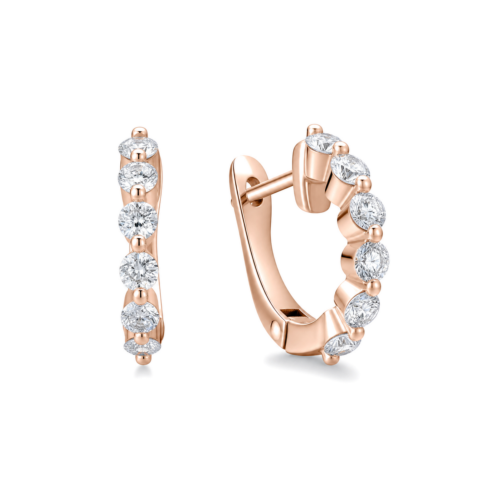 Xanthe Shared Prong Huggie Hoop Lab Grown Diamond Hoop Earrings in 14K Rose Gold