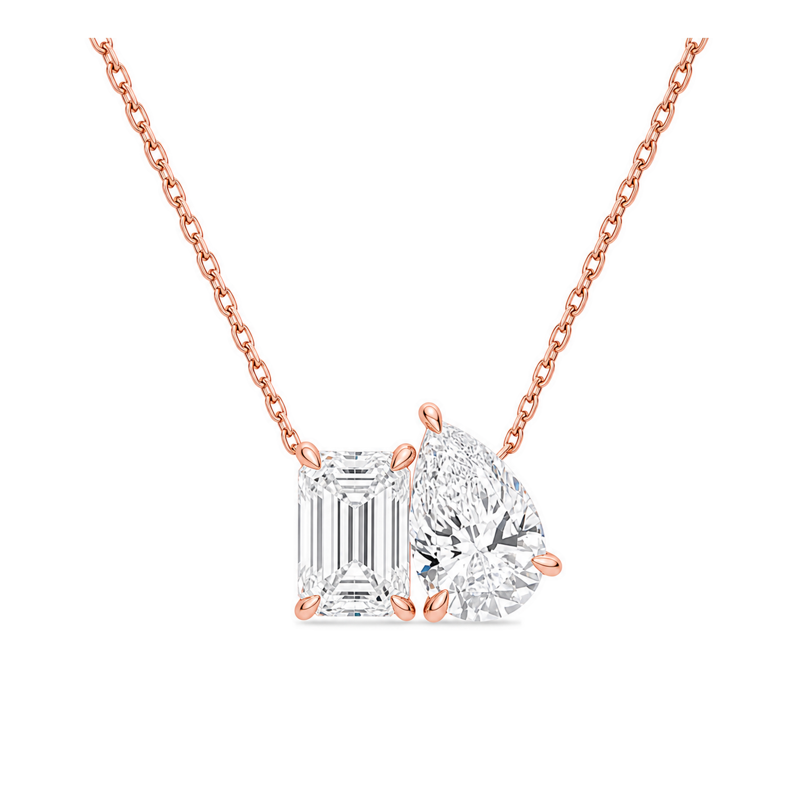 Aviana Emerald & Pear Toi Et Moi Diamond Necklace in 14K Rose Gold