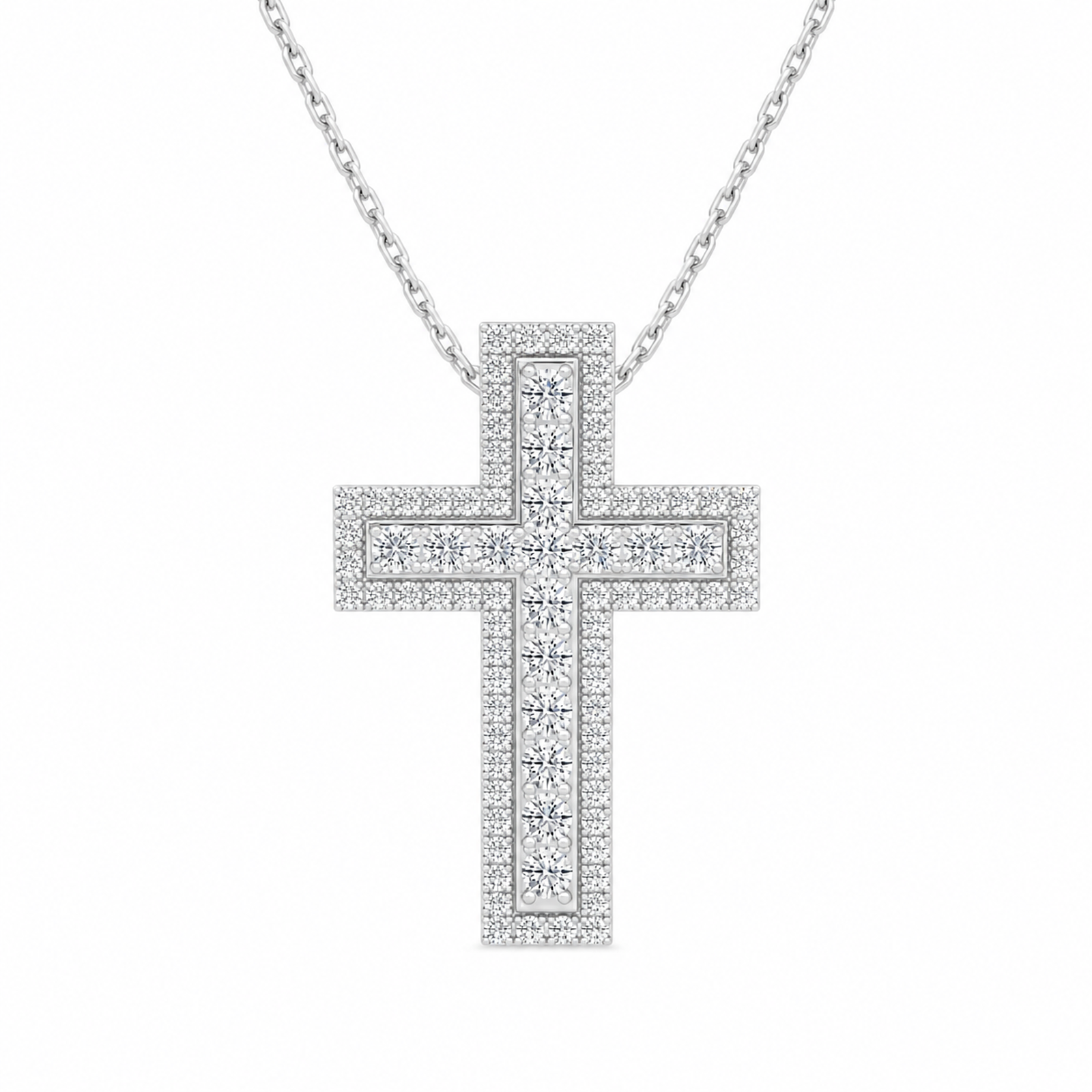 Evora Pave Edge Cross Lab Grown Diamond Pendant Necklace in 14K White Gold