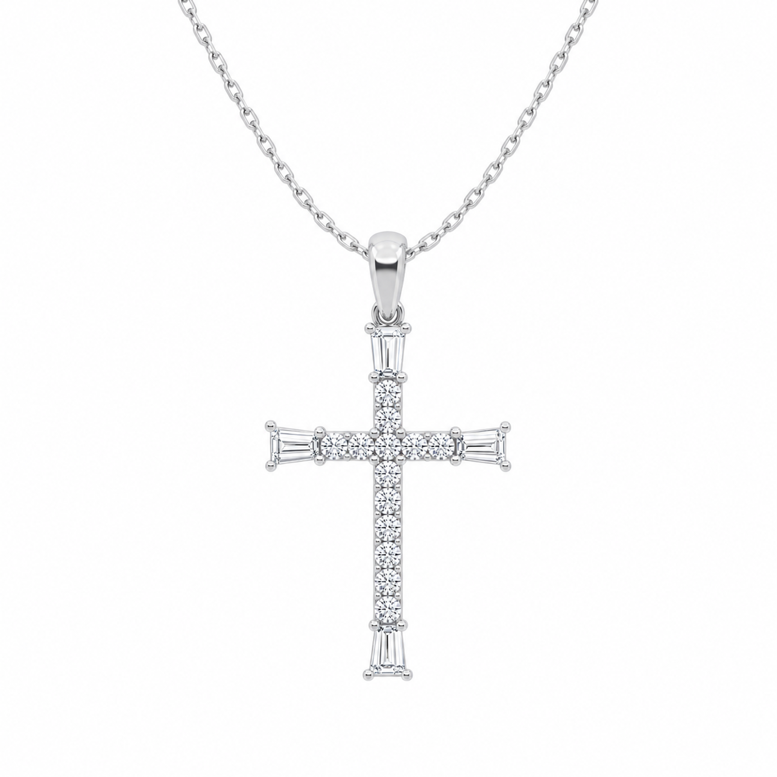 Orienne Tapered Baguette Cross Lab Grown Diamond Pendant Necklace in Platinum