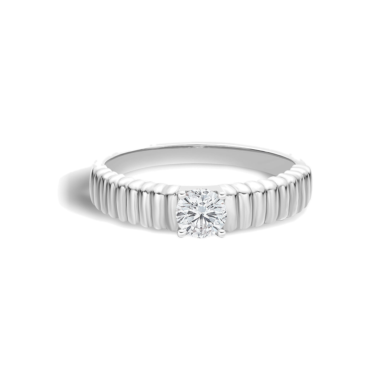 Jessamine Ribbed Shank Four Prong Solitaire Lab Grown Diamond Ring in 14K White Gold