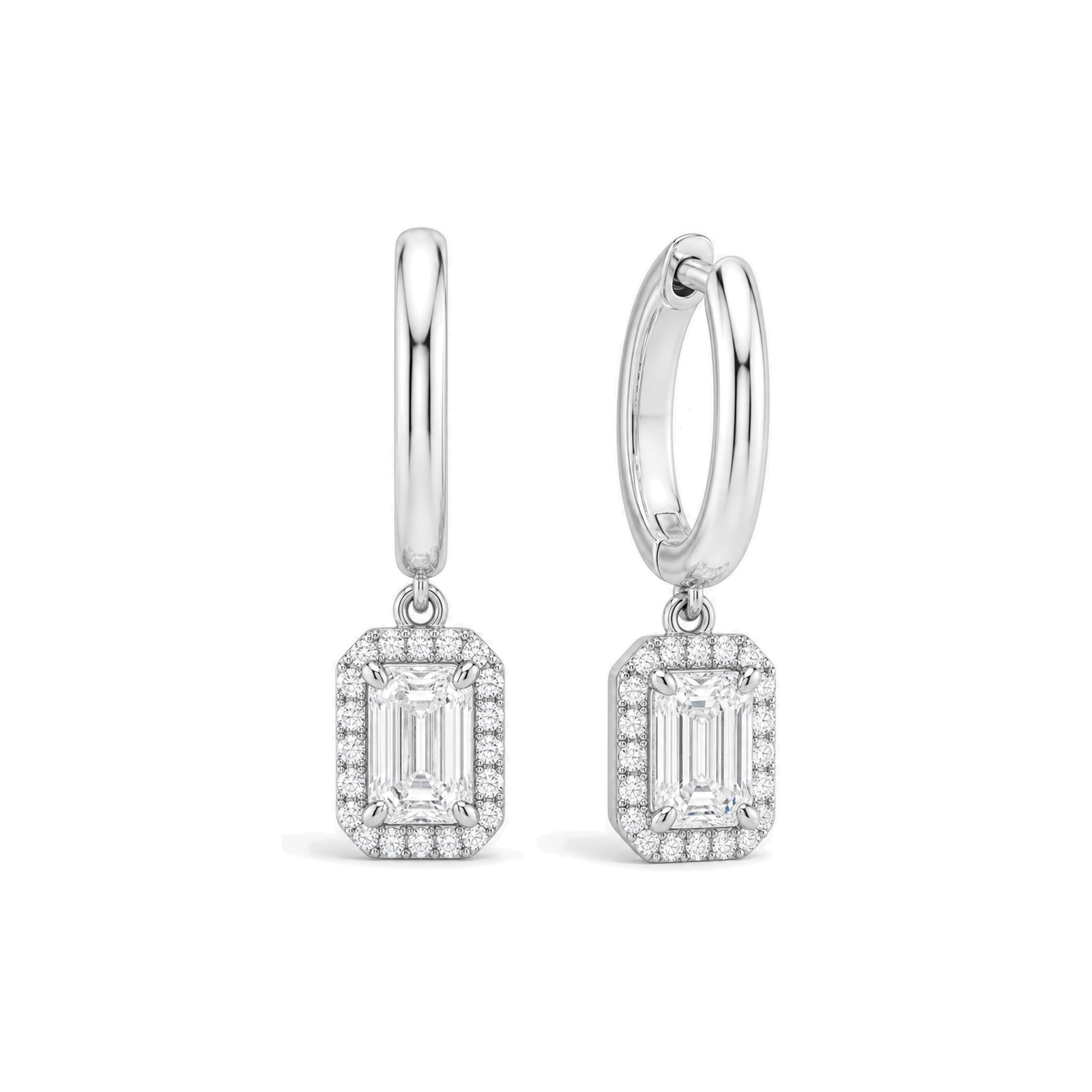 Allegra Halo Drop Huggie Hoop Lab Grown Diamond Hoop Earrings in 18K White Gold