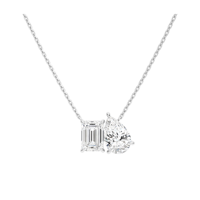 Aviana Emerald & Pear Toi Et Moi Diamond Necklace in 14K White Gold