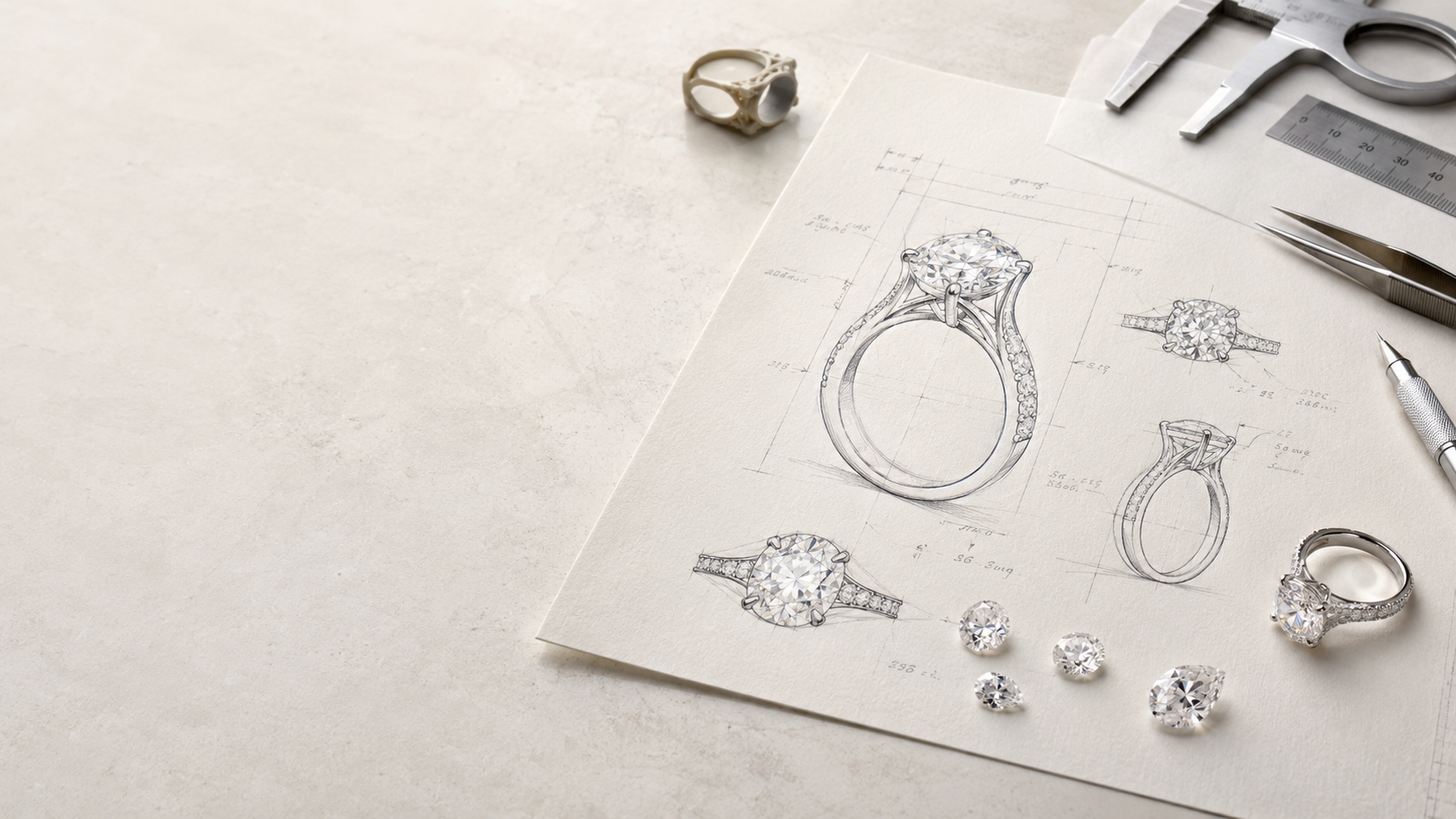 Burvonti custom ring design sketch with atelier tools and diamond stones