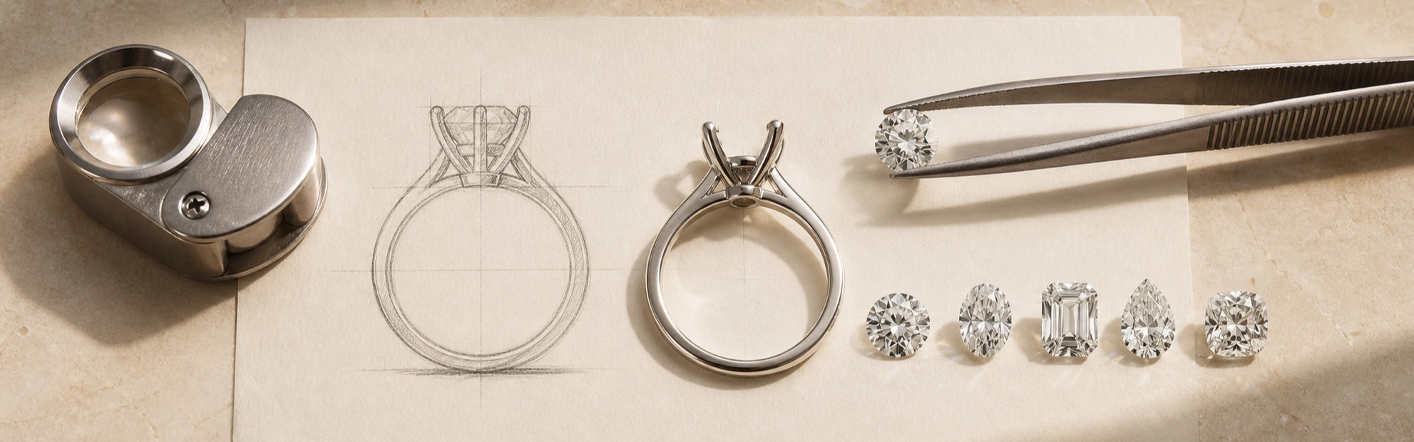 Platinum ring setting, design sketch, loose diamond shapes, loupe, and precision tweezers on a warm ivory atelier surface
