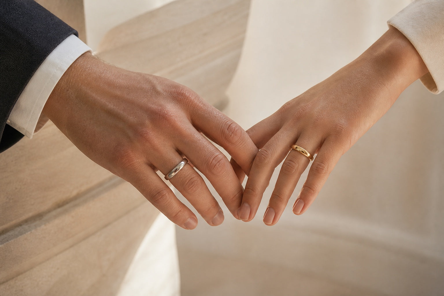 Two hands wearing platinum and yellow gold wedding bands